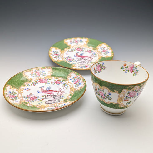 20 世紀初英國復古明頓茶杯三重奏一對雞蛇綠色